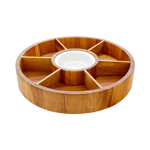 Restaurantware Eco Display Aperitivo Round Natural Acacia Chip And Dip Plate - 6 Compartments Porcelain Bowl - 12" X 12" X 1 1/2" - 1 Count Box