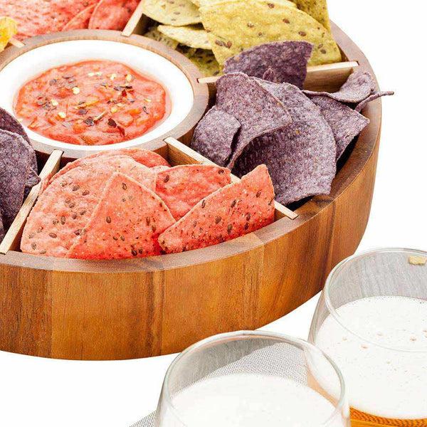 Restaurantware Eco Display Aperitivo Round Natural Acacia Chip And Dip Plate - 6 Compartments Porcelain Bowl - 12" X 12" X 1 1/2" - 1 Count Box