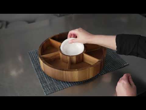 Restaurantware Eco Display Aperitivo Round Natural Acacia Chip And Dip Plate - 6 Compartments Porcelain Bowl - 12" X 12" X 1 1/2" - 1 Count Box