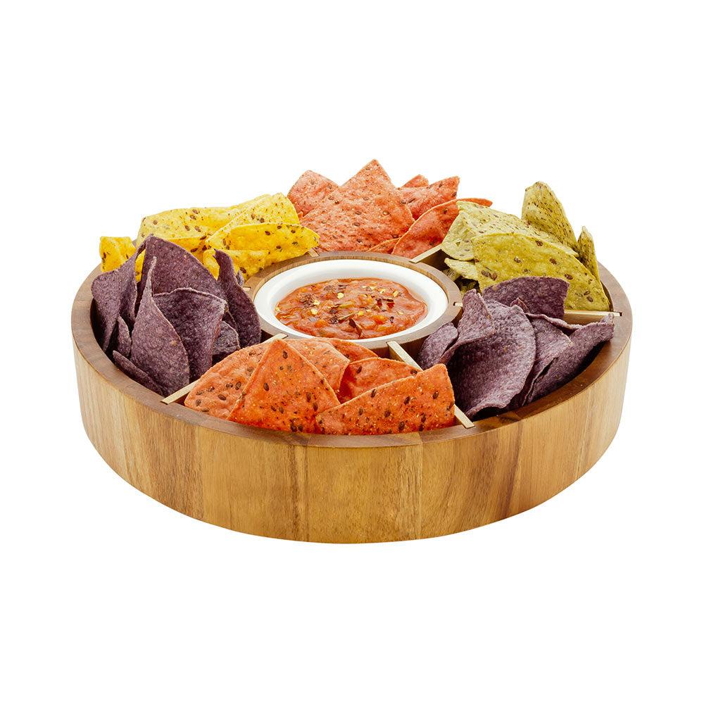 restaurantware Eco Display Aperitivo Round Natural Acacia Chip and Dip Plate - 6 Compartments Porcelain Bowl - 12" x 12" x 1 1/2" - 1 count box