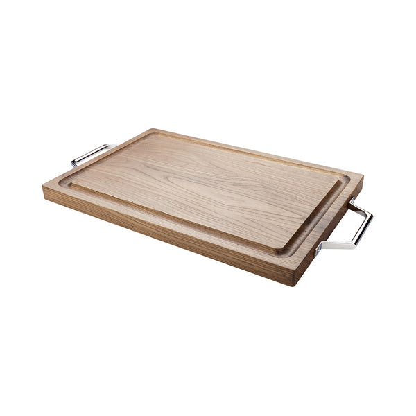 Restaurantware Eco Display Campagna Rectangle Natural Wood Large Serving And Cutting Board - Chrome Hardware - 23 1/2" X 14" X 1" - 1 Count Box