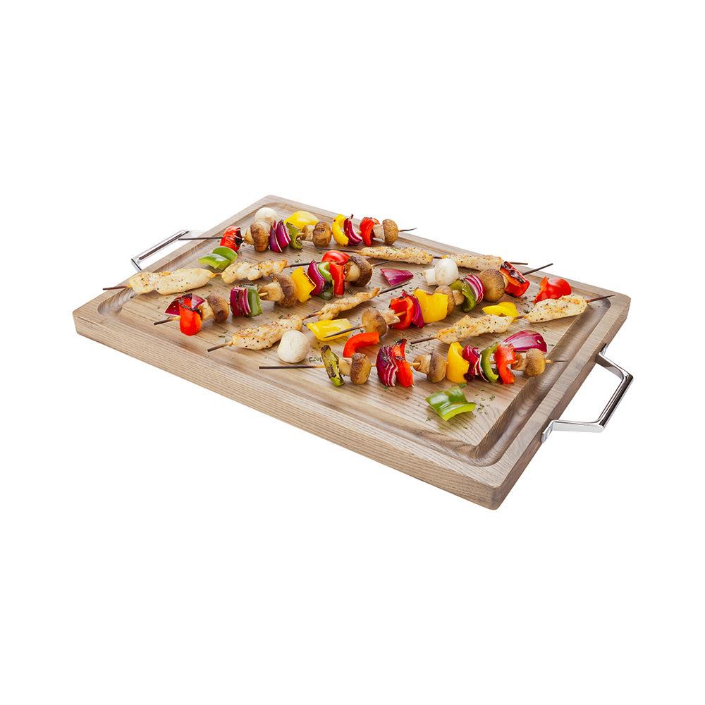 restaurantware Eco Display Campagna Rectangle Natural Wood Large Serving and Cutting Board - Chrome Hardware - 23 1/2" x 14" x 1" - 1 count box