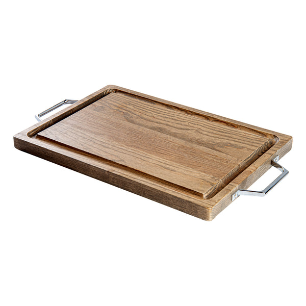 Restaurantware Eco Display Campagna Rectangle Natural Wood Small Serving And Cutting Board - Chrome Hardware - 21 1/2" X 12" X 1" - 1 Count Box