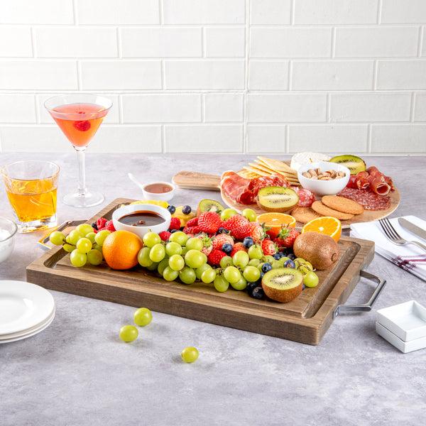 Restaurantware Eco Display Campagna Rectangle Natural Wood Small Serving And Cutting Board - Chrome Hardware - 21 1/2" X 12" X 1" - 1 Count Box