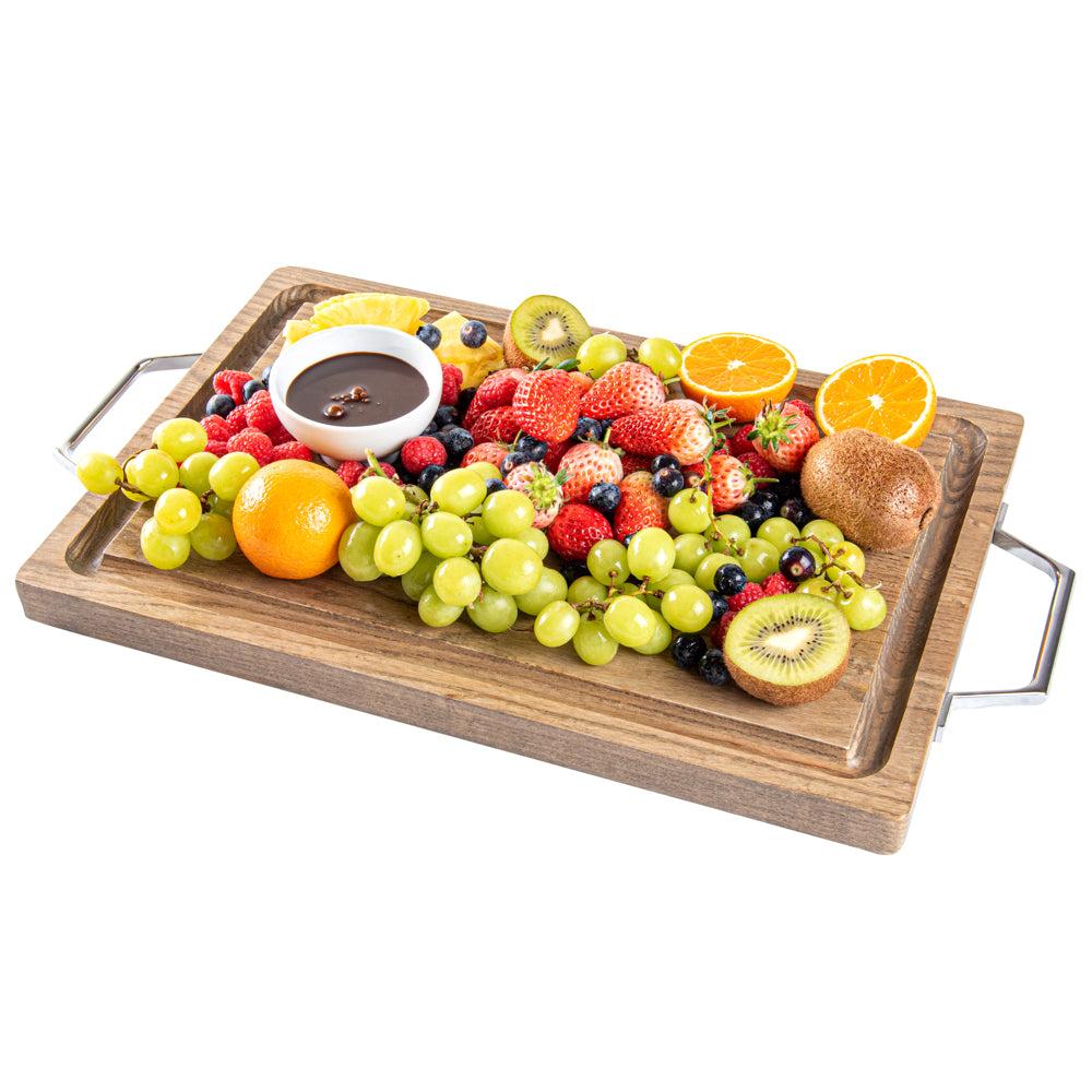 restaurantware Eco Display Campagna Rectangle Natural Wood Small Serving and Cutting Board - Chrome Hardware - 21 1/2" x 12" x 1" - 1 count box