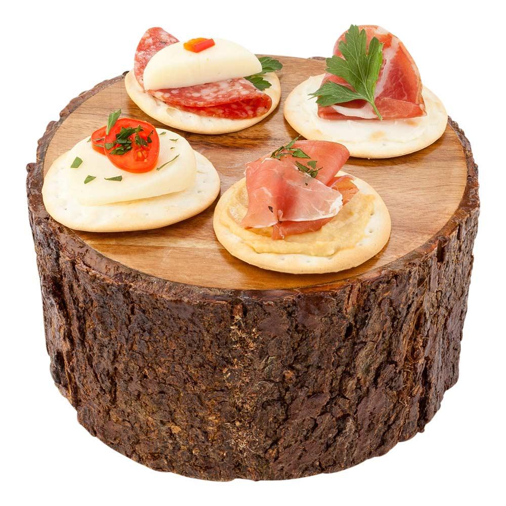 restaurantware Eco Display Round Natural Acacia Medium Riser - Varnished Bark Edges - 6" x 6" x 3" - 1 count box