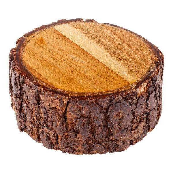 Restaurantware Eco Display Round Natural Acacia Small Riser - Varnished Bark Edges - 4" X 4" X 2" - 1 Count Box