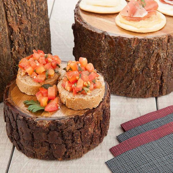 Restaurantware Eco Display Round Natural Acacia Small Riser - Varnished Bark Edges - 4" X 4" X 2" - 1 Count Box