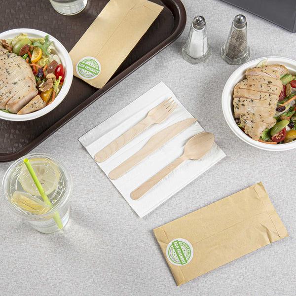 Restaurantware Eco Luxe Natural Wood Cutlery Set - With Napkin And Paper Pouch - 7" X 3 1/2" - 100 Count Box