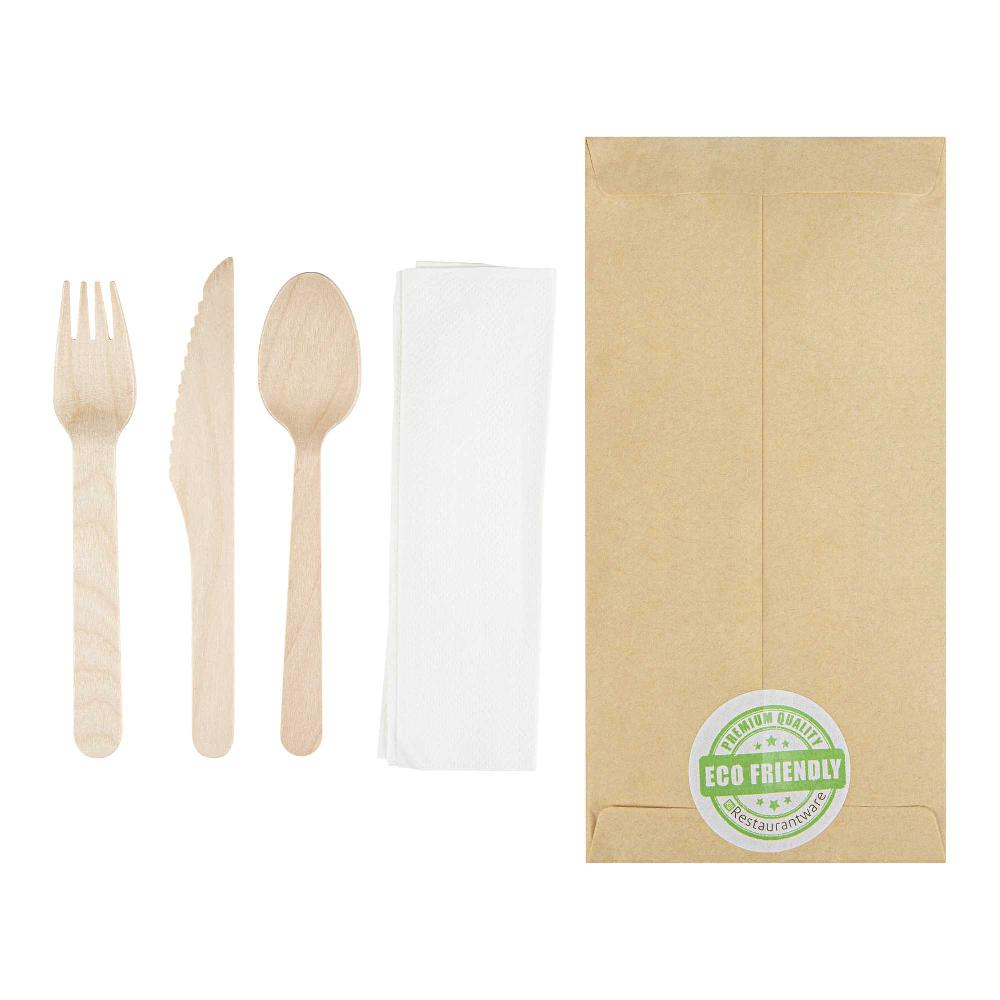 restaurantware Eco Luxe Natural Wood Cutlery Set - with Napkin and Paper Pouch - 7" x 3 1/2" - 100 count box