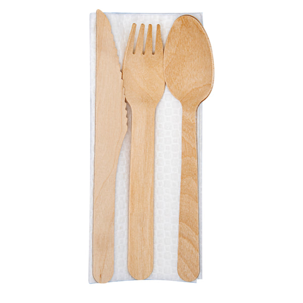 Restaurantware Eco Luxe Natural Wood Flatware Kit - Tied With Twine With White Napkin - 6 1/2" X 1 1/2" X 1/2" - 100 Count Box