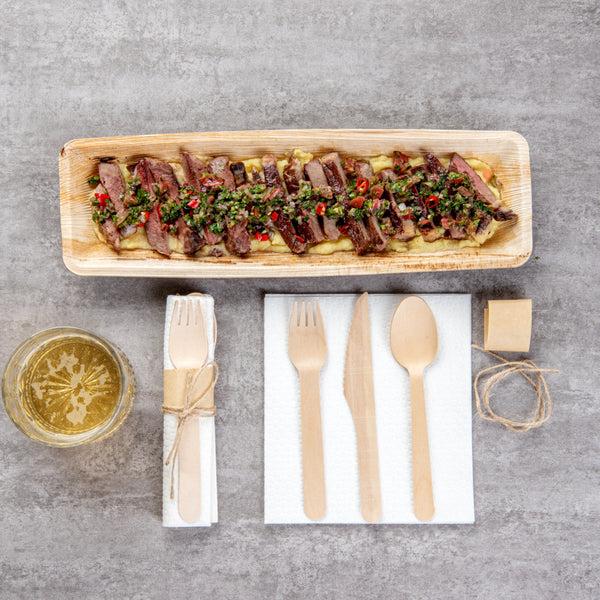 Restaurantware Eco Luxe Natural Wood Flatware Kit - Tied With Twine With White Napkin - 6 1/2" X 1 1/2" X 1/2" - 100 Count Box