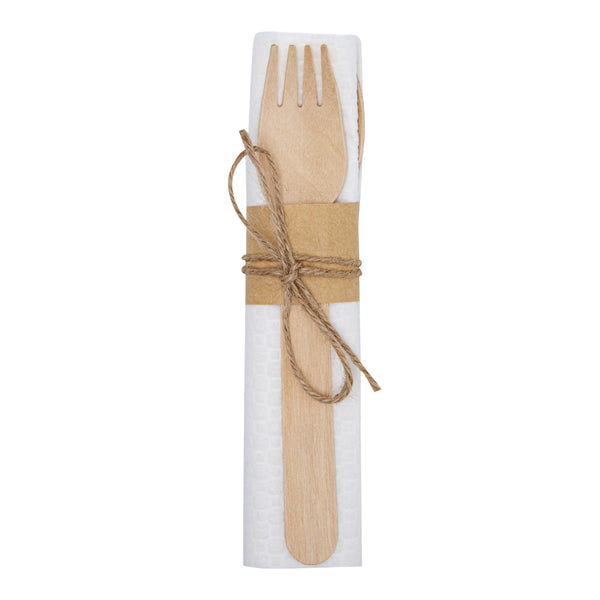 Restaurantware Eco Luxe Natural Wood Flatware Kit - Tied With Twine With White Napkin - 6 1/2" X 1 1/2" X 1/2" - 100 Count Box