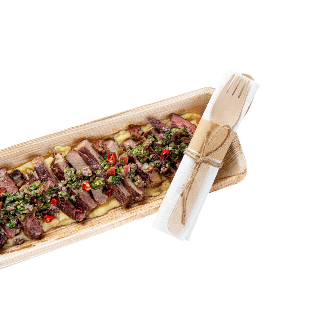 restaurantware Eco Luxe Natural Wood Flatware Kit - Tied with Twine with White Napkin - 6 1/2" x 1 1/2" x 1/2" - 100 count box