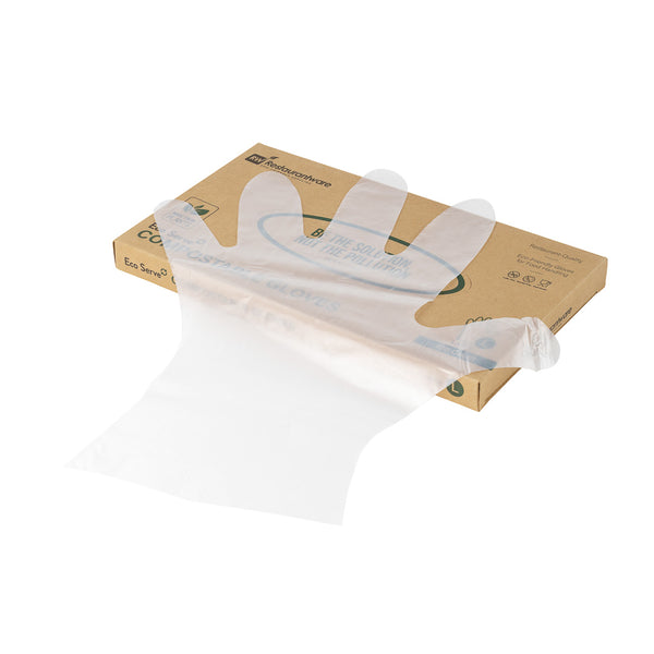 Restaurantware Eco Serve Clear Plastic Large Compostable Gloves - Powder-Free - 11 1/2" X 10 1/4" - 1000 Count Box