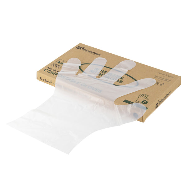 Restaurantware Eco Serve Clear Plastic Small Compostable Gloves - Powder-Free - 10 1/4" X 8 3/4" - 1000 Count Box