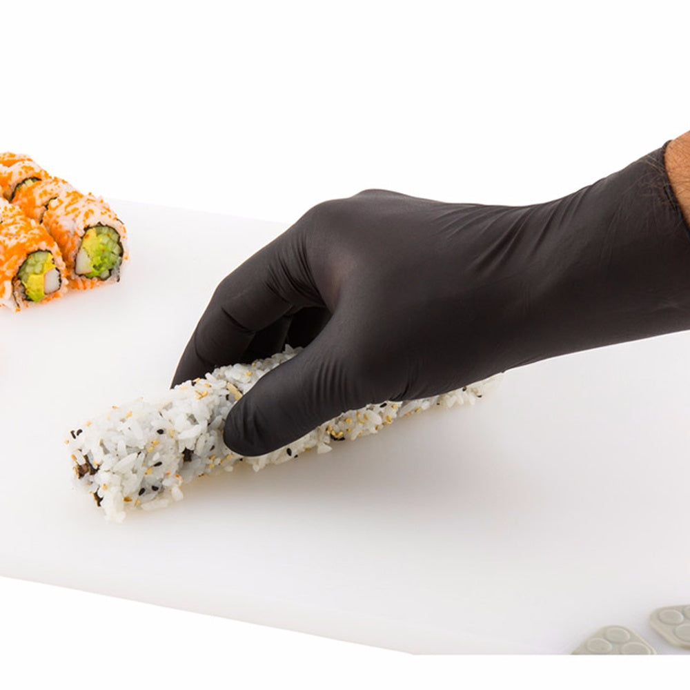 restaurantware Fashion Serve Black Plastic Extra Large Nitrile Gloves - Powder Free - 9" x 4 3/4" - 100 count box