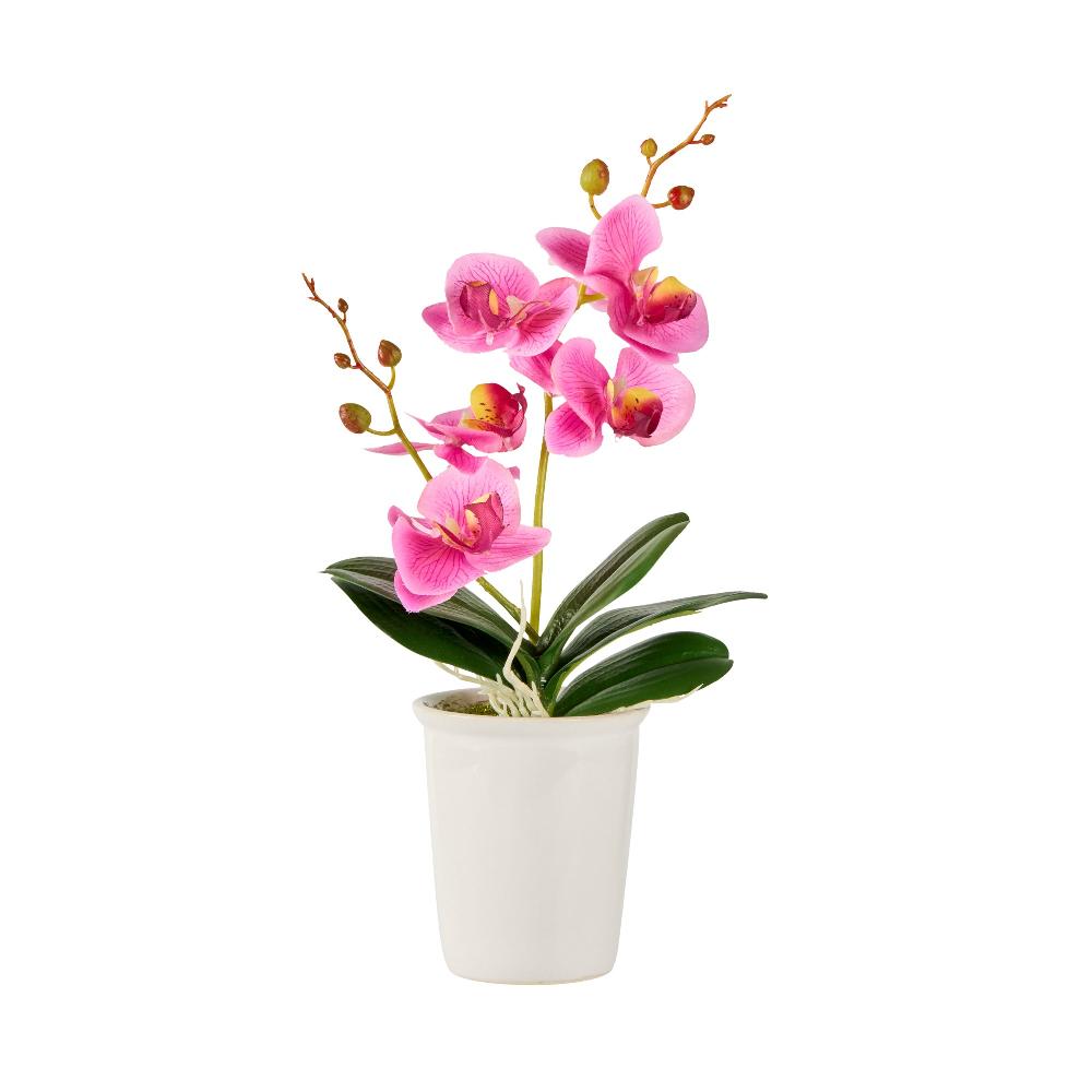 restaurantware Fiore Round Purple Plastic Orchid in Porcelain Pot - 5 Blooms - 4" x 4" x 14" - 12 count box
