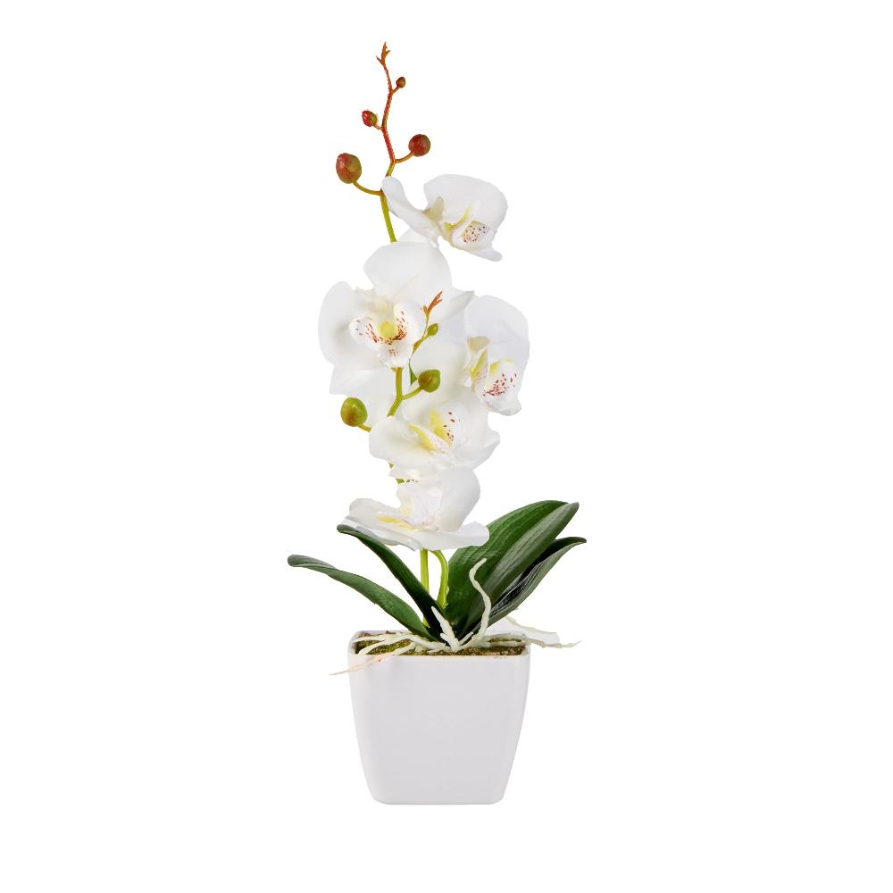restaurantware Fiore White Plastic Orchid in Plastic Pot - 5 Blooms - 4" x 4" x 13" - 12 count box