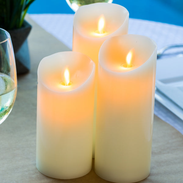 Restaurantware Fire Tek Ivory Plastic Flameless Pillar Candle - Real Wax Programmable - 3" X 3" X 6" - 10 Count Box