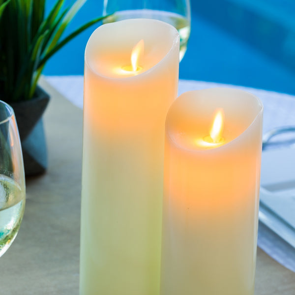 Restaurantware Fire Tek Ivory Plastic Flameless Pillar Candle - Real Wax Programmable - 3" X 3" X 8" - 10 Count Box