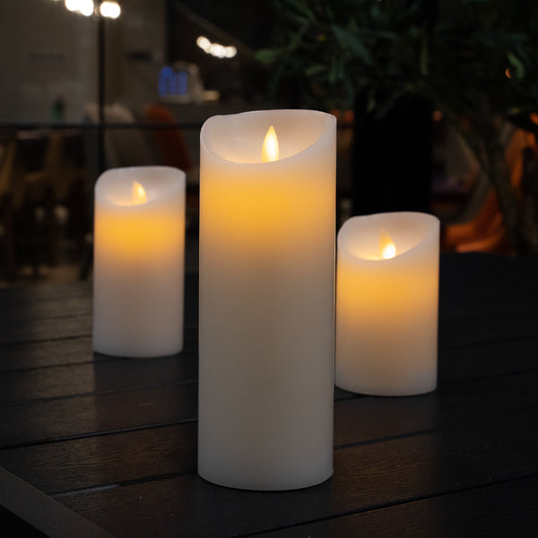 Restaurantware Fire Tek White Plastic Flameless Pillar Candle - Real Wax Programmable - 3" X 3" X 8" - 10 Count Box