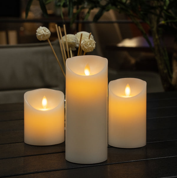 Restaurantware Fire Tek White Plastic Flameless Pillar Candle - Real Wax Programmable - 3" X 3" X 7" - 10 Count Box