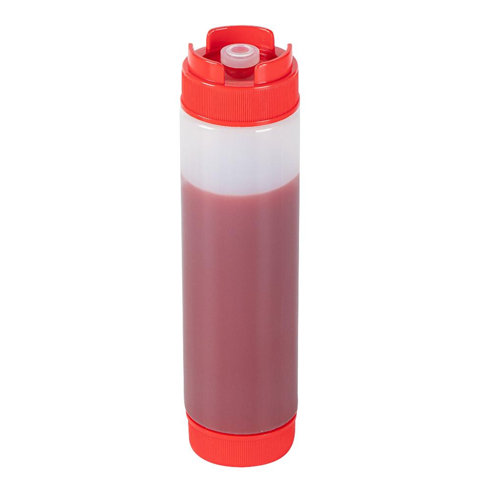 restaurantware First In First Out 16 oz Red Plastic Squeeze Bottle - Inverted Refill & Dispensing Lid - 2 1/4" x 2 1/4" x 8 3/4" - 1 count box