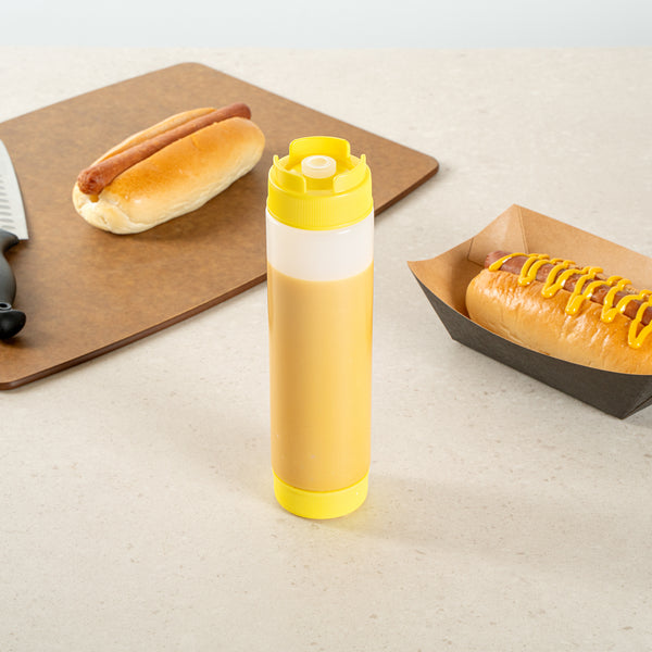 Restaurantware First In First Out 16 Oz Round Yellow Plastic Squeeze Bottle - Inverted Refill & Dispensing Lid - 2 1/4" X 2 1/4" X 8 3/4" - 1 Count Box