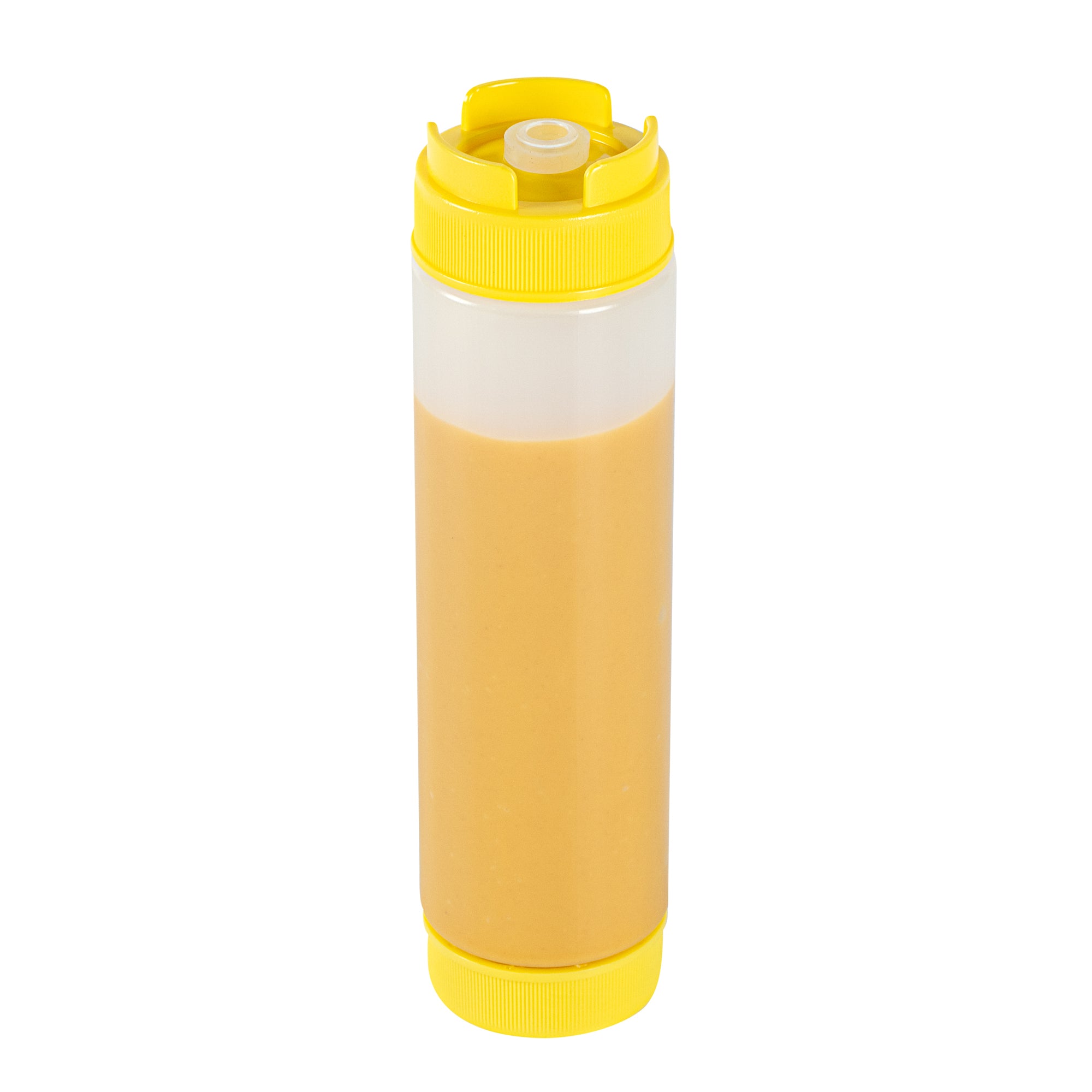 restaurantware First In First Out 16 oz Round Yellow Plastic Squeeze Bottle - Inverted Refill & Dispensing Lid - 2 1/4" x 2 1/4" x 8 3/4" - 1 count box