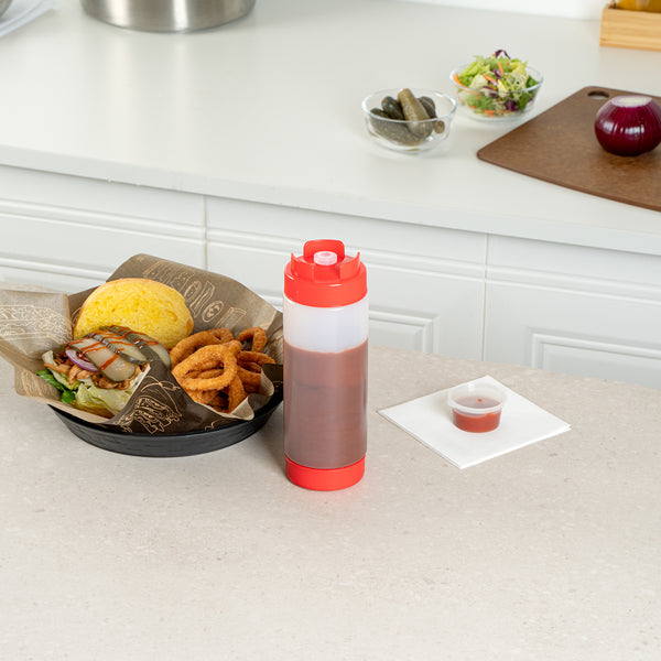 Restaurantware First In First Out 20 Oz Red Plastic Squeeze Bottle - Inverted Refill & Dispensing Lid - 2 3/4" X 2 3/4" X 7 3/4" - 1 Count Box