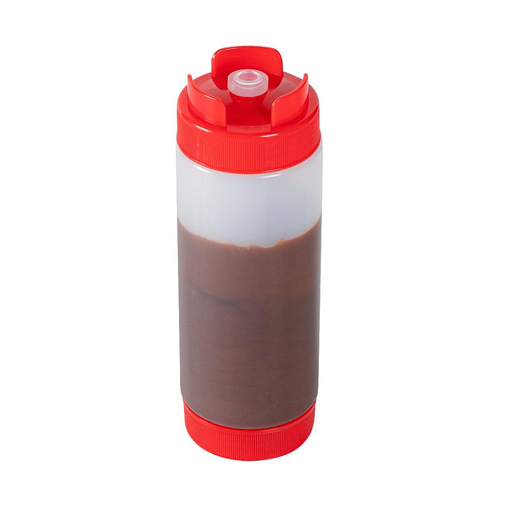 restaurantware First In First Out 20 oz Red Plastic Squeeze Bottle - Inverted Refill & Dispensing Lid - 2 3/4" x 2 3/4" x 7 3/4" - 1 count box