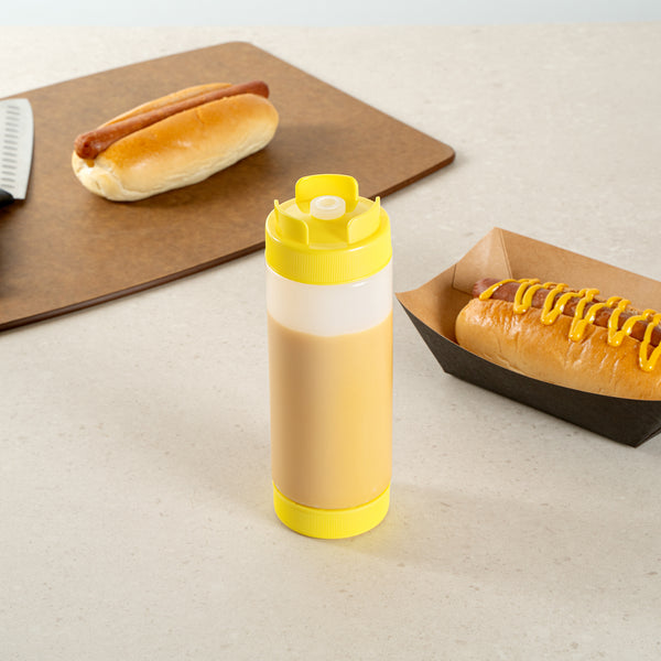 Restaurantware First In First Out 20 Oz Yellow Plastic Squeeze Bottle - Inverted Refill & Dispensing Lid - 2 3/4" X 2 3/4" X 7 3/4" - 1 Count Box