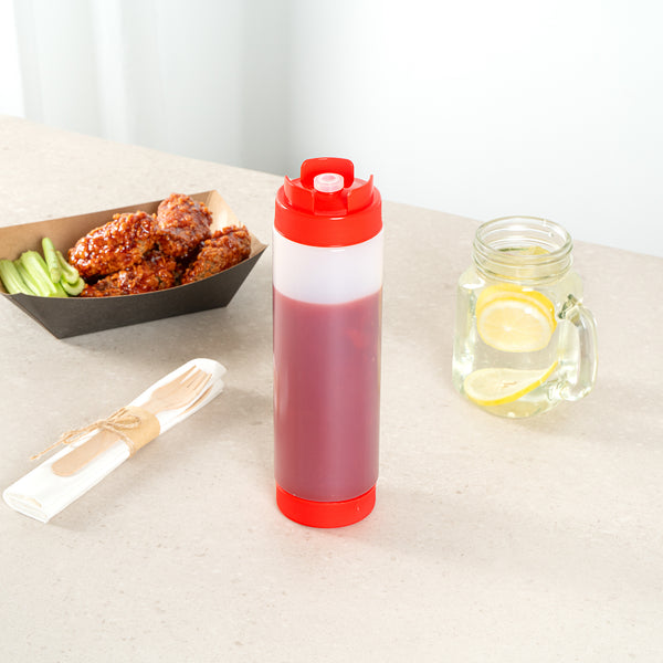 Restaurantware First In First Out 24 Oz Red Plastic Squeeze Bottle - Inverted Refill & Dispensing Lid - 2 3/4" X 2 3/4" X 9 1/4" - 1 Count Box