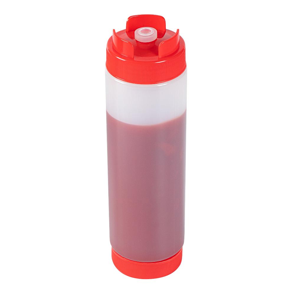 restaurantware First In First Out 24 oz Red Plastic Squeeze Bottle - Inverted Refill & Dispensing Lid - 2 3/4" x 2 3/4" x 9 1/4" - 1 count box