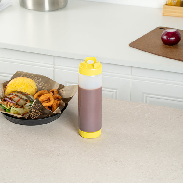 Restaurantware First In First Out 24 Oz Yellow Plastic Squeeze Bottle - Inverted Refill & Dispensing Lid - 2 3/4" X 2 3/4" X 9 1/4" - 1 Count Box