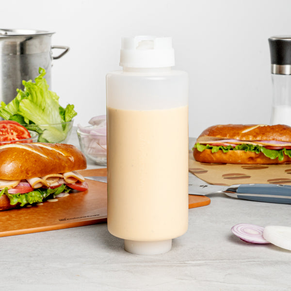 Restaurantware First In First Out 32 Oz Clear Plastic Squeeze Bottle - Inverted Refill & Dispensing Lid - 3 1/2" X 3 1/2" X 9" - 1 Count Box