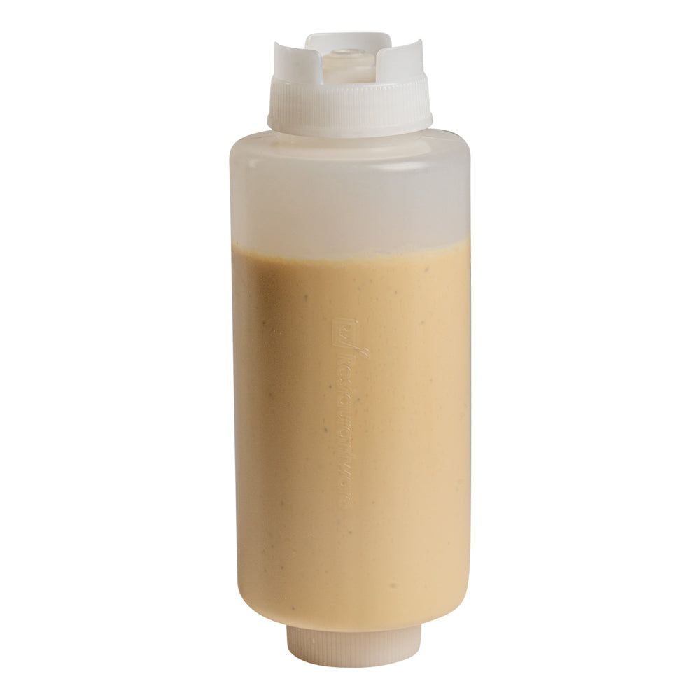 restaurantware First In First Out 32 oz Clear Plastic Squeeze Bottle - Inverted Refill & Dispensing Lid - 3 1/2" x 3 1/2" x 9" - 1 count box