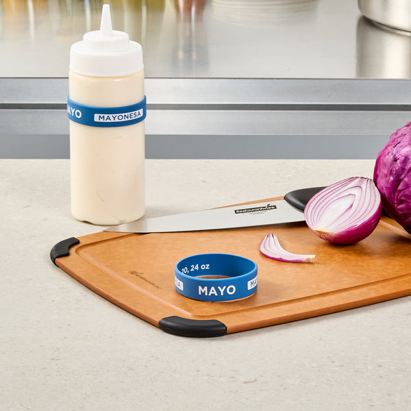 Restaurantware First In First Out Blue Silicone Mayo Label Band - Fits 16 20 And 24 Oz Squeeze Bottles - 10 Count Box