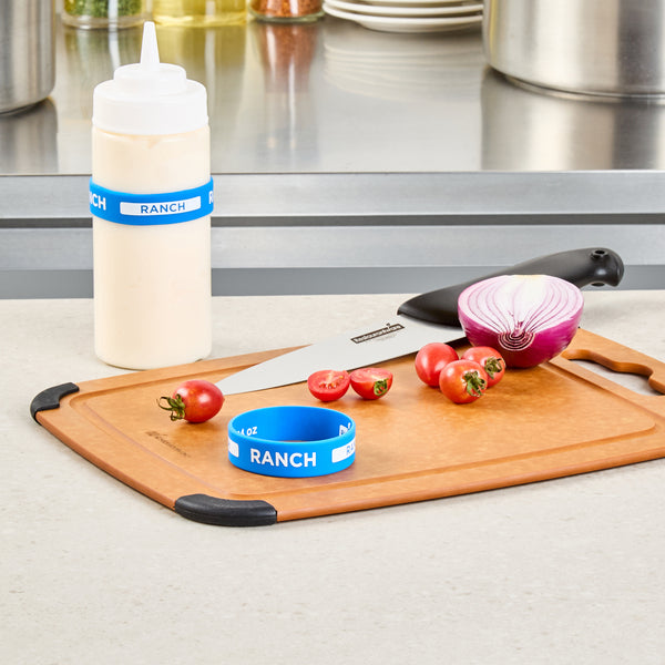 Restaurantware First In First Out Blue Silicone Ranch Label Band - Fits 16 20 And 24 Oz Squeeze Bottles - 10 Count Box