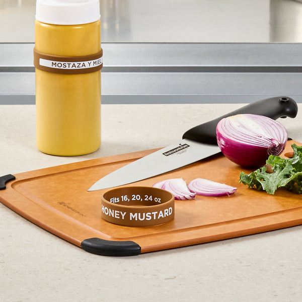 Restaurantware First In First Out Brown Silicone Honey Mustard Label Band - Fits 16 20 And 24 Oz Squeeze Bottles - 10 Count Box