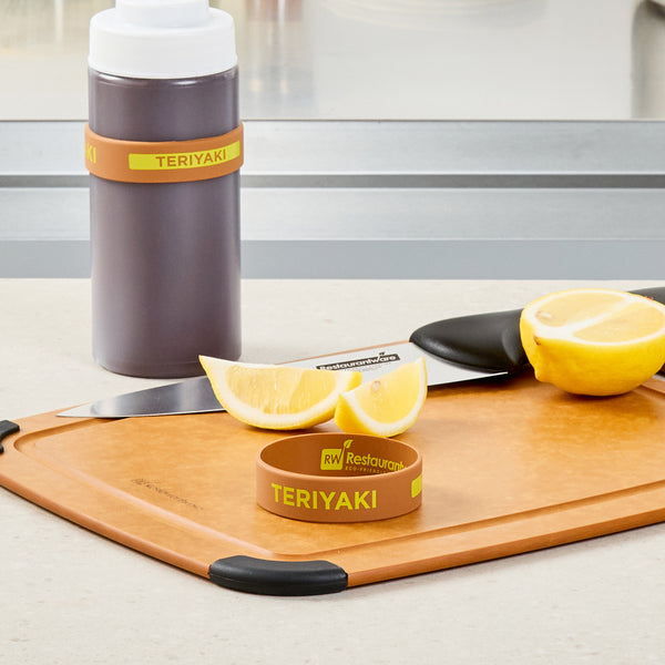 Restaurantware First In First Out Brown Silicone Teriyaki Label Band - Fits 16 20 And 24 Oz Squeeze Bottles - 10 Count Box