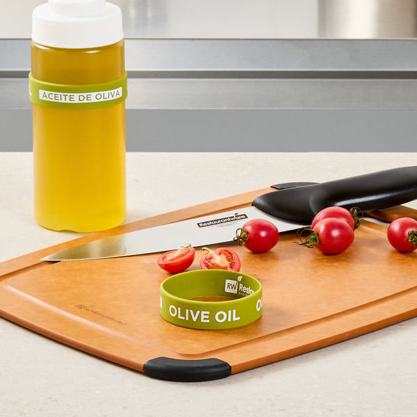Restaurantware First In First Out Green Silicone Olive Oil Label Band - Fits 16 20 And 24 Oz Squeeze Bottles - 10 Count Box