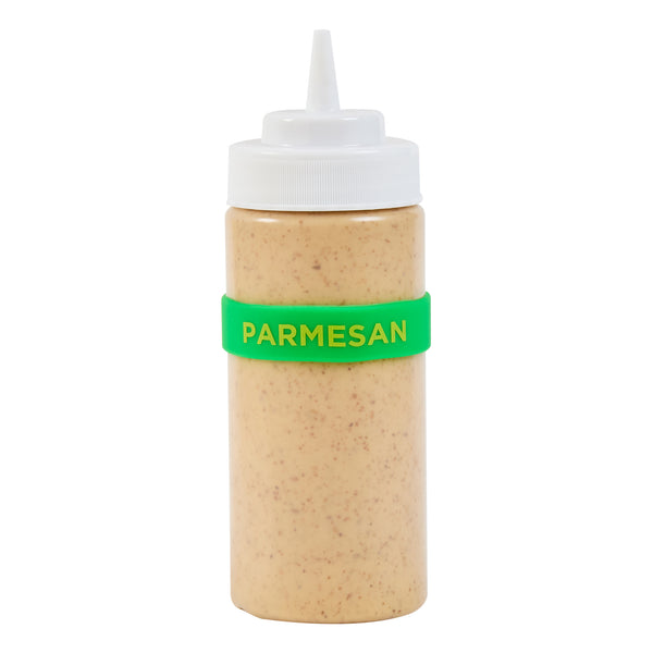 Restaurantware First In First Out Green Silicone Parmesan Label Band - Fits 16 20 And 24 Oz Squeeze Bottles - 10 Count Box