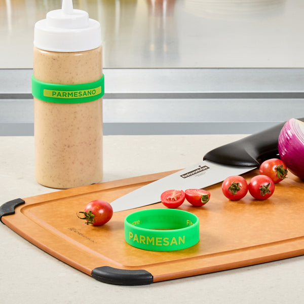 Restaurantware First In First Out Green Silicone Parmesan Label Band - Fits 16 20 And 24 Oz Squeeze Bottles - 10 Count Box