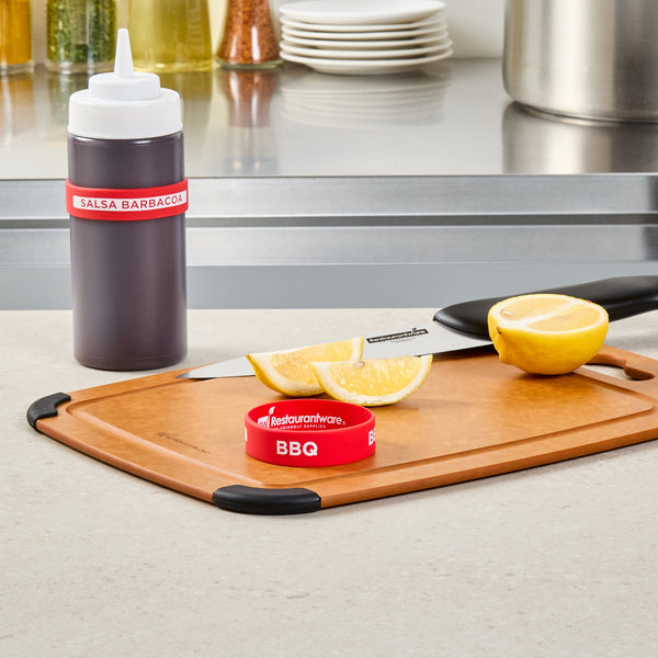 Restaurantware First In First Out Red Silicone BBQ Label Band - Fits 16 20 And 24 Oz Squeeze Bottles - 10 Count Box