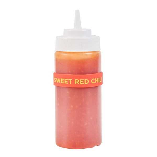 Restaurantware First In First Out Red Silicone Sweet Red Chili Label Band - Fits 16 20 And 24 Oz Squeeze Bottles - 10 Count Box