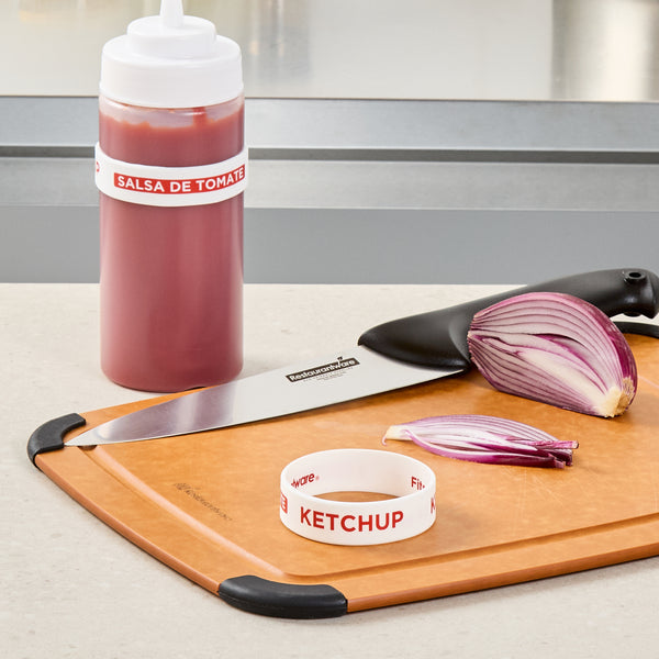 Restaurantware First In First Out White Silicone Ketchup Label Band - Fits 16 20 And 24 Oz Squeeze Bottles - 10 Count Box