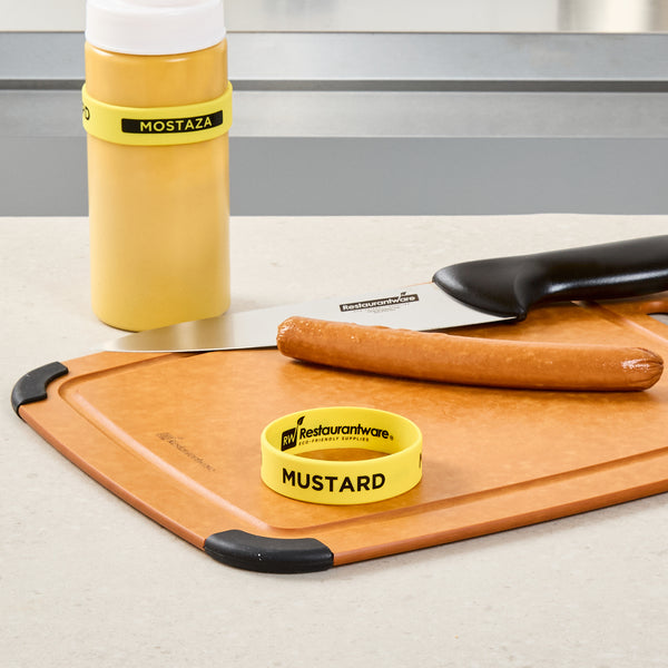 Restaurantware First In First Out Yellow Silicone Mustard Label Band - Fits 16 20 And 24 Oz Squeeze Bottles - 10 Count Box