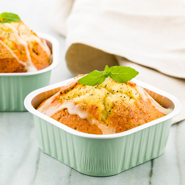 Restaurantware Foil Lux 10 Oz Square Pistachio Green Aluminum Baking Cup - 4 1/4" X 4 1/4" X 1 1/2" - 100 Count Box